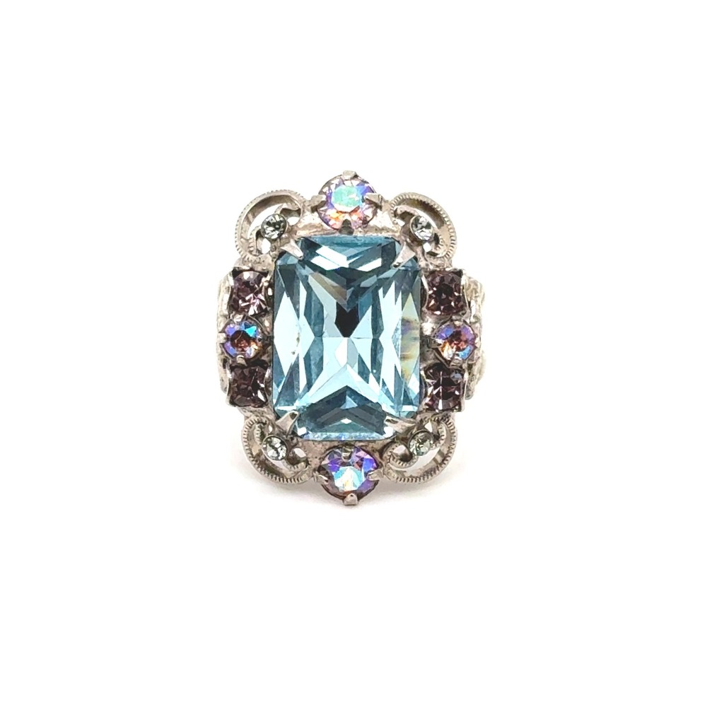 Sorrelli Blue Crystal Emerald Cut Statement Ring Silver Tone Size 7.5